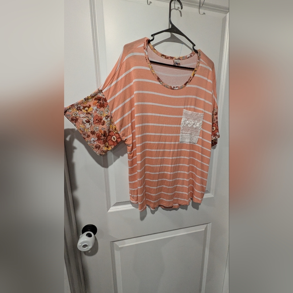 Cato Peach Striped Floral Sleeve Top
